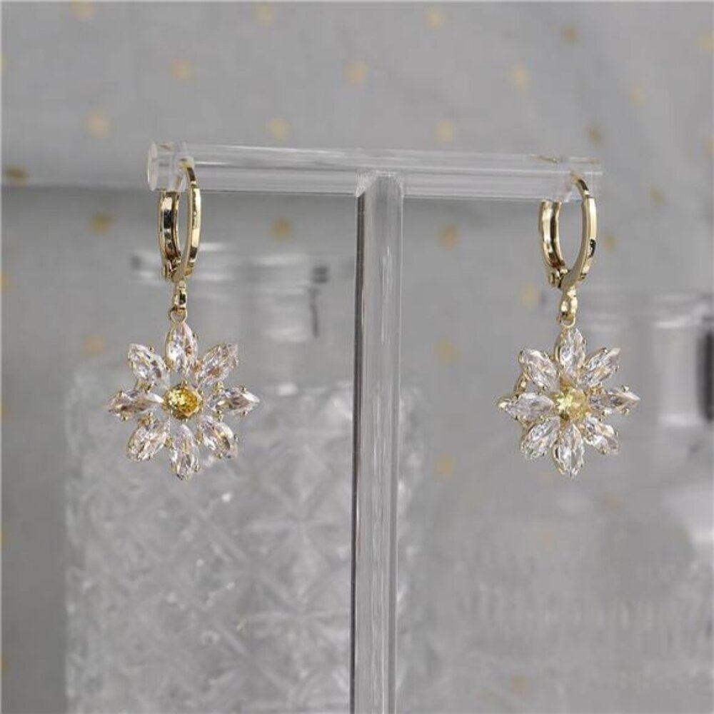 Daisy Flower Hoop Earrings | 14K Gold Plated CZ Dangle Hoops - Picture 4 of 6
